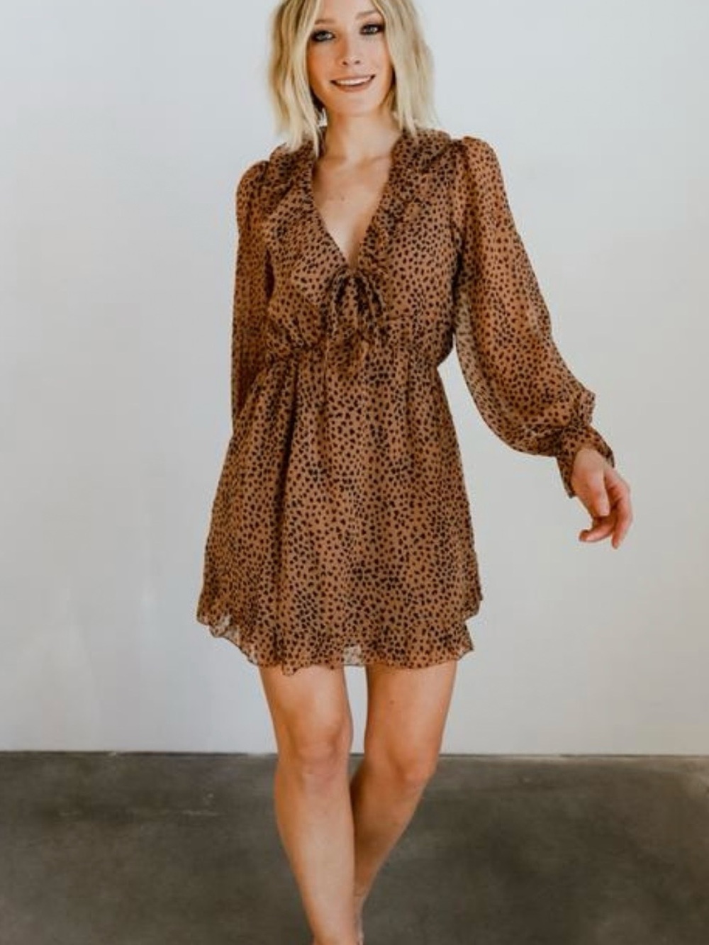 Aakaa Brown Leopard-Print Ruffle Mini Dress
